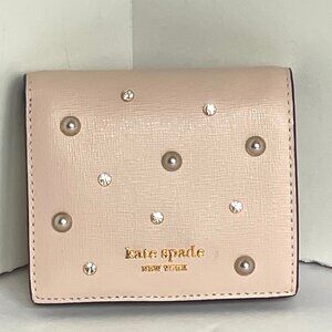 Kate Spade Purl Pearl Small Bifold Wallet Beige Saffiano Leather Crystal Snap